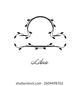 Libra zodiac sign with black branches and leaves. Vector symbol with botanical decoration