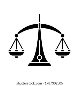 Libra zodiac sign black glyph icon. Judicial system, equilibrium, horoscope scales silhouette symbol on white space. Balanced old fashioned weight measuring instrument. Vector isolated illustration