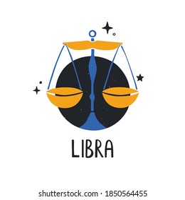 Libra zodiac sign. Bright astrology icon with handwritten title isolated on a white background. Vector shabby hand drawn illustration