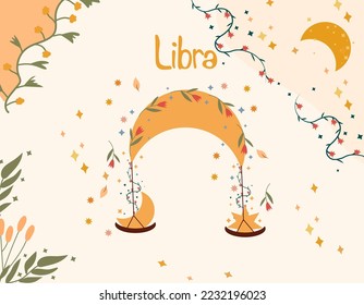 Libra zodiac sign. Bright banner with Libra, moon, stars, flowers, and leaves. Astrological sign of the zodiac. Vector illustration.