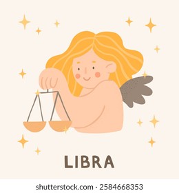 Libra - zodiac sign. Cartoon vector illustrations in flat style. Beautiful woman with scales and wings. Astrology symbol. Template for greeting card or banner