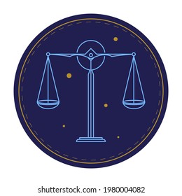 Libra zodiac sign, circle astrological horoscope symbol with balance scale and stars constellations. Prediction of character and typical traits of people born in autumn months. Vector in flat style