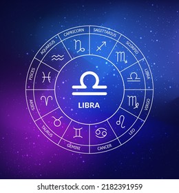 Libra zodiac sign. Zodiac circle on a dark blue background of the space. Astrology. Cosmogram. twelve signs of the zodiac. Vector illustration