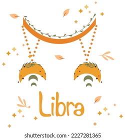 Libra Zodiac Schild mit bunten Blättern und Sternen um. Astrologisches Libra Zodiac perfekte Fot-Poster, Logo, Karten. Vektorgrafik.