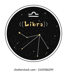 Libra. Zodiac sign and constellation in a circle. Set of zodiac signs in doodle style, hand drawn.
