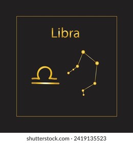 Libra Zodiac Sign and Constellation, gold icon isolated on black background.