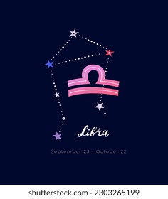 Libra zodiac sign with constellation and handlettering isolated on dark background. Vector illustration EPS 10.