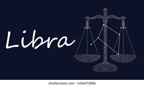 
Libra Zodiac sign constellation vector. Horoscope sign constellation stars. Abstract crystal space dark sky background with dots stars. Vector Astrology silhouette libra illustration white symbol