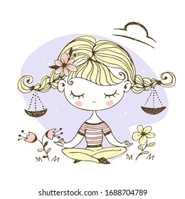 Libra zodiac sign. Cute girl with pigtails in the Lotus position. Vector. 