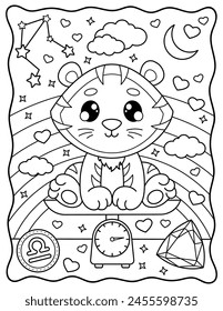 Libra zodiac sign. A cute tiger cub is sitting on the scales. Kawaii. Cute characters. Coloring page, page, book, black and white vector illustration.