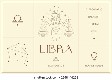 Diseño de Signos Libra Zodiac, Logo Resumen Esotérico, Símbolos Espirituales Místicos, Iconos. Astrología, Luna y Estrellas, Arte Esotérico Mágico. Luminosidad.