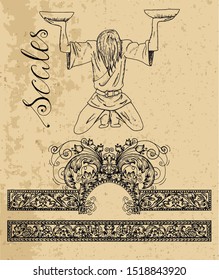 Libra Zodiac Sign and fantasy mascot on texture. Collection of characters and astrological symbols in victorian style. Vector line art illustration for Horoscope, Esoteric and Mystic design