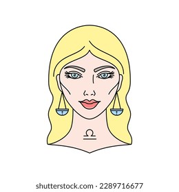 Libra zodiac sign with female face in linear style. Vector illustration isolated on a white background. The image can be used in your projects related to graphics, web design and illustrations.