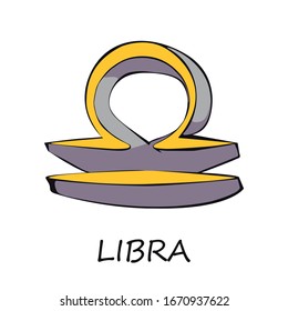 Dibujo vectorial de caricatura plana de Libra zodiac. Escala el símbolo de equilibrio celestial. Objeto de predicción del horóscopo astrológico. Elemento amarillo del gráfico de astrología. Elemento dibujado a mano aislado