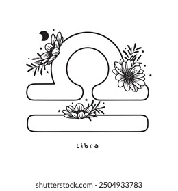 Libra zodiac sign with flowers, stars and moon, vector art, white background