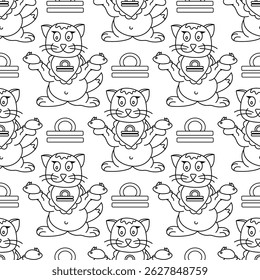 Libra zodiac sign in the form of cute cat seamless pattern. Line art on white background. Vector illustration
