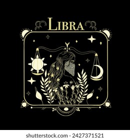 Libra zodiac sign in the form of a girl with a scarf on her face and stars in her hair, who creates a balanas on the scales between the moon and the sun.
