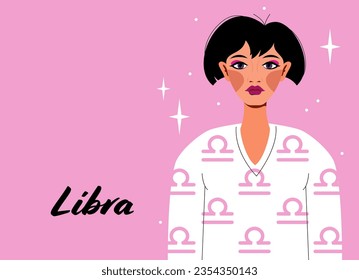 Libra zodiac sign. Girl vector illustration. Astrology zodiac profile. Astrological sign as a beautiful woman. Future telling, horoscope, alchemy, spirituality, occultism, fashion