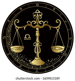 Libra, Zodiac sign. Golden circle on a black background. Vector illustration.