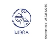 Libra zodiac sign. Hand drawn sketch. Blue pen or marker drawing. Astrological calendar, zodiacal round. Vector horoscope