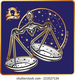 Libra zodiac sign. Horoscope.Metal retro scales with cups and chains.Circle with the constellation and stars.Golden and white figure on blue background.Graphic Vector Illustration in retro style.  