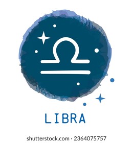 Icono de signo de Libra, zodiaco con leyenda. Icono circular azul oscuro vector.