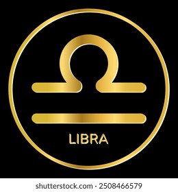 Libra zodiac sign icon. Gold shine symbol isolated on black background. Tattoo image, astrological, zodiacal horoscope. Vector illustration.