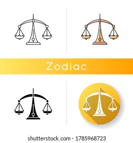 Libra zodiac sign icon. Judicial system, equilibrium, horoscope scales. Linear black and RGB color styles. Balanced old fashioned weight measuring instrument. Isolated vector illustrations