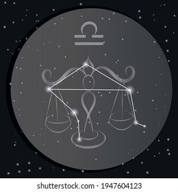Libra zodiac sign icon on dark night sky background. Sagittarius constellation
