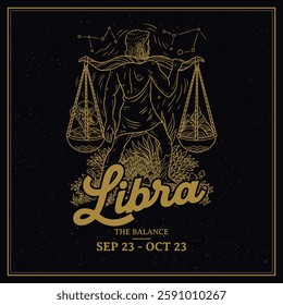 Libra Zodiac Sign Line Art–Elegant Vintage Illustration of The Scales with Cosmic Balance Astrology and Horoscope Design