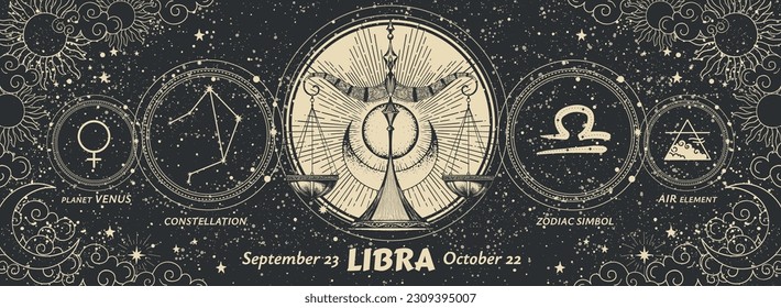 Libra zodiac sign, modern astrology graphic banner on vintage black background with sun and moon. Realistic vintage vector hand drawing, horoscope card.