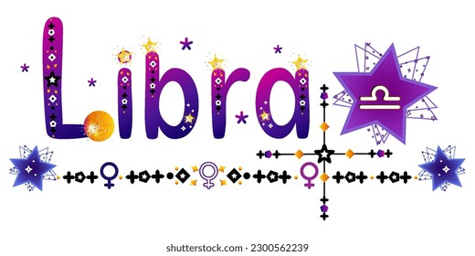 Libra. Signo zodiaco. Señal de la luna. Etiqueta de astrología. Señal de sol. Etiqueta astrológica. Estrellas espaciales planetas. Vector de horóscopo. Título védico de la señal. Insignia de astronomía. Ilustración bursátil. Texto de la carta. 