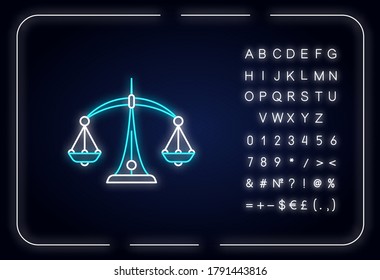 Libra zodiac sign neon light icon. Outer glowing effect. Judicial system, equilibrium, horoscope scales sign with alphabet, numbers and symbols. Vector isolated RGB color illustration