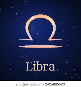 Libra zodiac sign on dark blue starry sky. Libra symbol. Astronomy, astrology, horoscope. Cosmos. Seventh zodiac sign - the ruler planet Venus. Element - Air. The Scales. Vector illustration