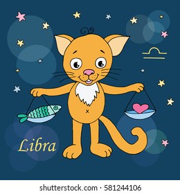 Libra zodiac sign on night sky background with stars. Design elements for calendars or cards. Vector illustration of cute cat in cartoon style