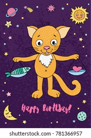 Libra zodiac sign on night sky background with stars, sun, moon and planets. Design elements for calendars or cards. Vector illustration of cute cat in cartoon style