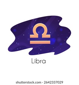 Libra zodiac sign on starry sky. Horoscope Libra symbol on space background. Vector astrological flat illustration. Modern design element in decorative frame