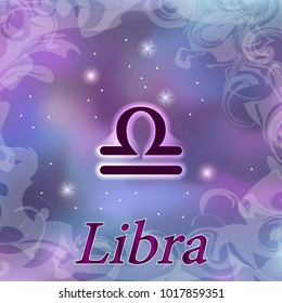 Libra Zodiac sign on watercolor cosmic celestial background. Cosmos. stars and zodiacal sign. Astrology and horoscope design element. Vector illustration