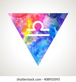 Libra zodiac sign on watercolor triangle background. Astrology symbol. White sign edited in vector