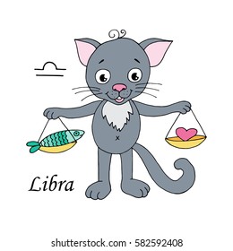 Libra zodiac sign on white background. Design elements for calendars or cards. Vector illustration of cute cat in cartoon style.