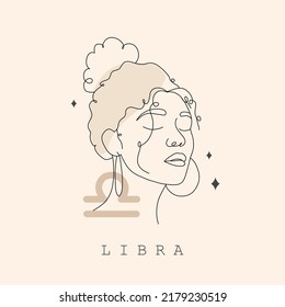 Libra zodiac sign. One line drawing. Astrological icon with abstract woman face. Mystery and esoteric outline logo. Horoscope symbol. Linear vector illustration in minimalist style.