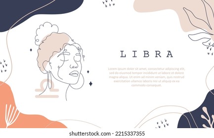 Libra zodiac sign. One line drawing. Astrological icon with abstract woman face. Mystery and esoteric outline background. Astrology horizontal banner. Linear vector illustration in minimalist style.