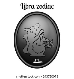 Libra zodiac sign in oval frame, vector Illustration. Black and white. Outline, contour icon.