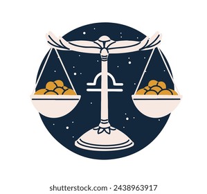 Libra, Zodiac sign, round sticker. Astrological scales constellation, horoscope balance symbol, star sky. Celestial icon. Esoteric flat graphic vector illustration isolated on white background