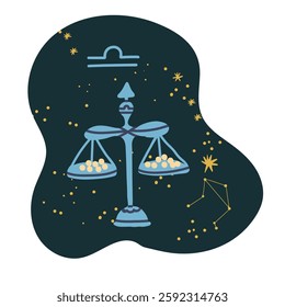 Libra, Zodiac sign, round sticker. Astrological scales constellation, horoscope balance symbol, star sky. Celestial icon. Hand drawn vector illustration.