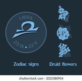 Libra zodiac sign from September 23rd to October 22nd. Horoscope logo on a dark blue background. Druid flowers: heather, camellia, lilac.