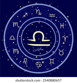 Libra zodiac sign in a starry circle, surrounded by all zodiac signs. Perfect for astrology themes, horoscope visuals, and celestial designs. Dark blue cosmic background.