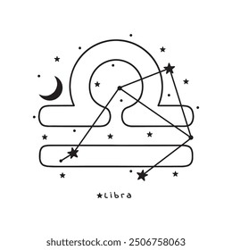 Libra zodiac sign, stars, moon, on white background, boho vector art