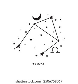 Libra zodiac sign, stars, moon, on white background, boho vector art