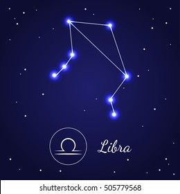 Libra Zodiac Sign Stars on the Cosmic Sky. Vector illustration of bright blue star planet zodiacal symbols Astrology, Esoteric. Design for web pages and placard for birthday card 
